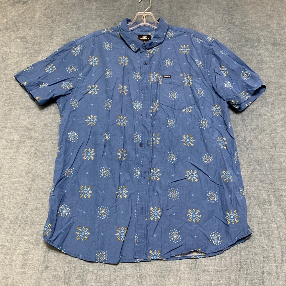 O'Neill Oasis Eco Top Mens Large Blue Geometric Rayon Standard Fit Button Up
